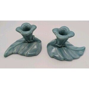 MCM Royal Haeger Blue R-437 Candle Stick Holder Leaf Leaves Set Of 2
